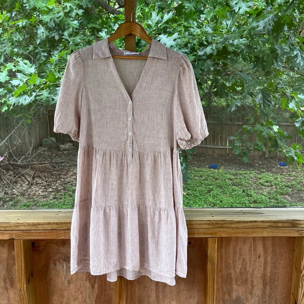 MNG Women's 100% Linen Brown Striped Mini Dress Size 6